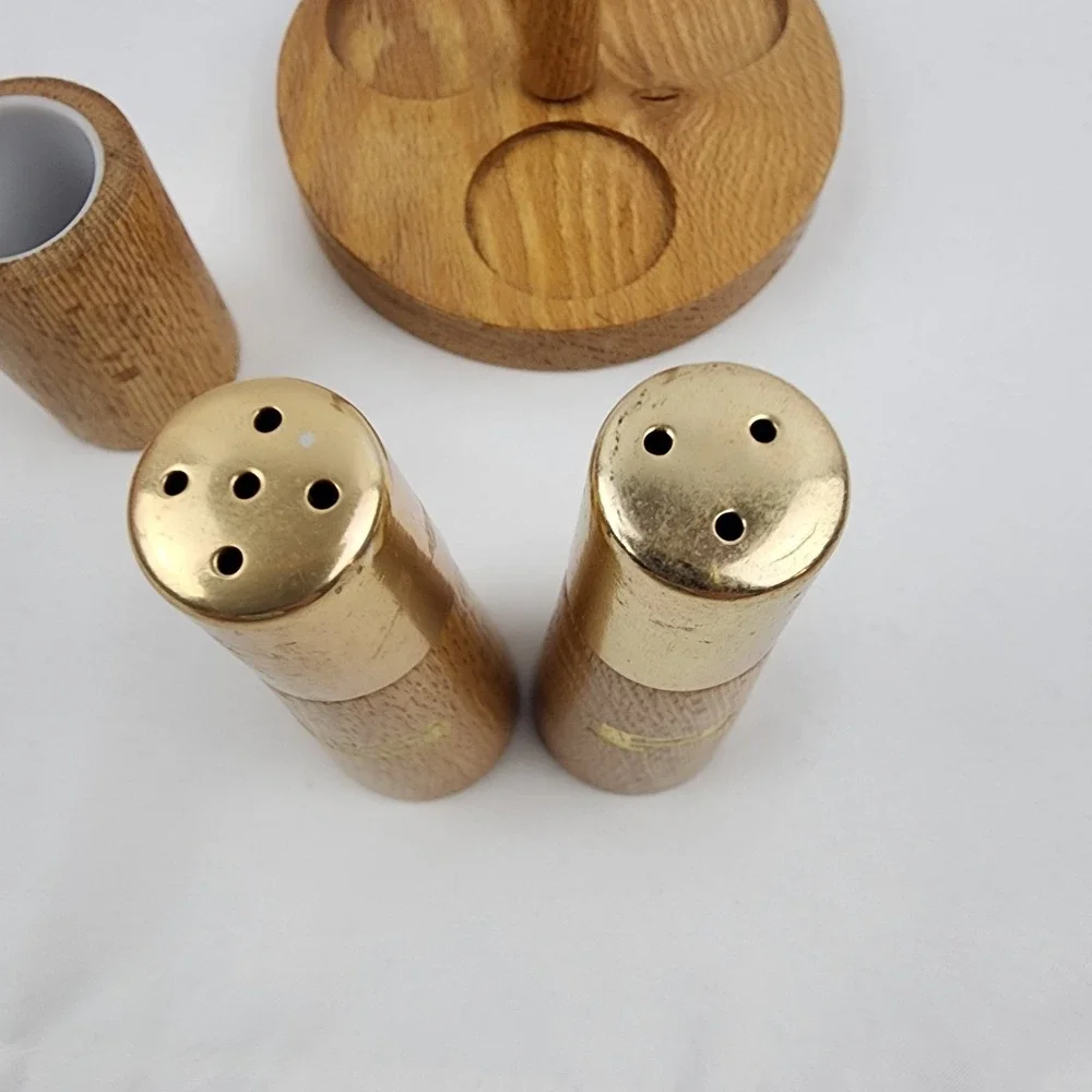 Vtg. Wooden Salt and Pepper and toothpick holder‎ MCM Gold 3in x 2.5 in. Kitchen